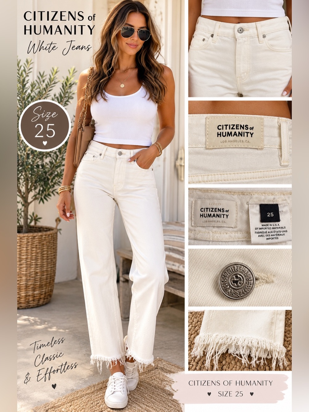 Citizens of Humanity Charlotte High Rise Straight White Jeans Size 25 Raw Hem